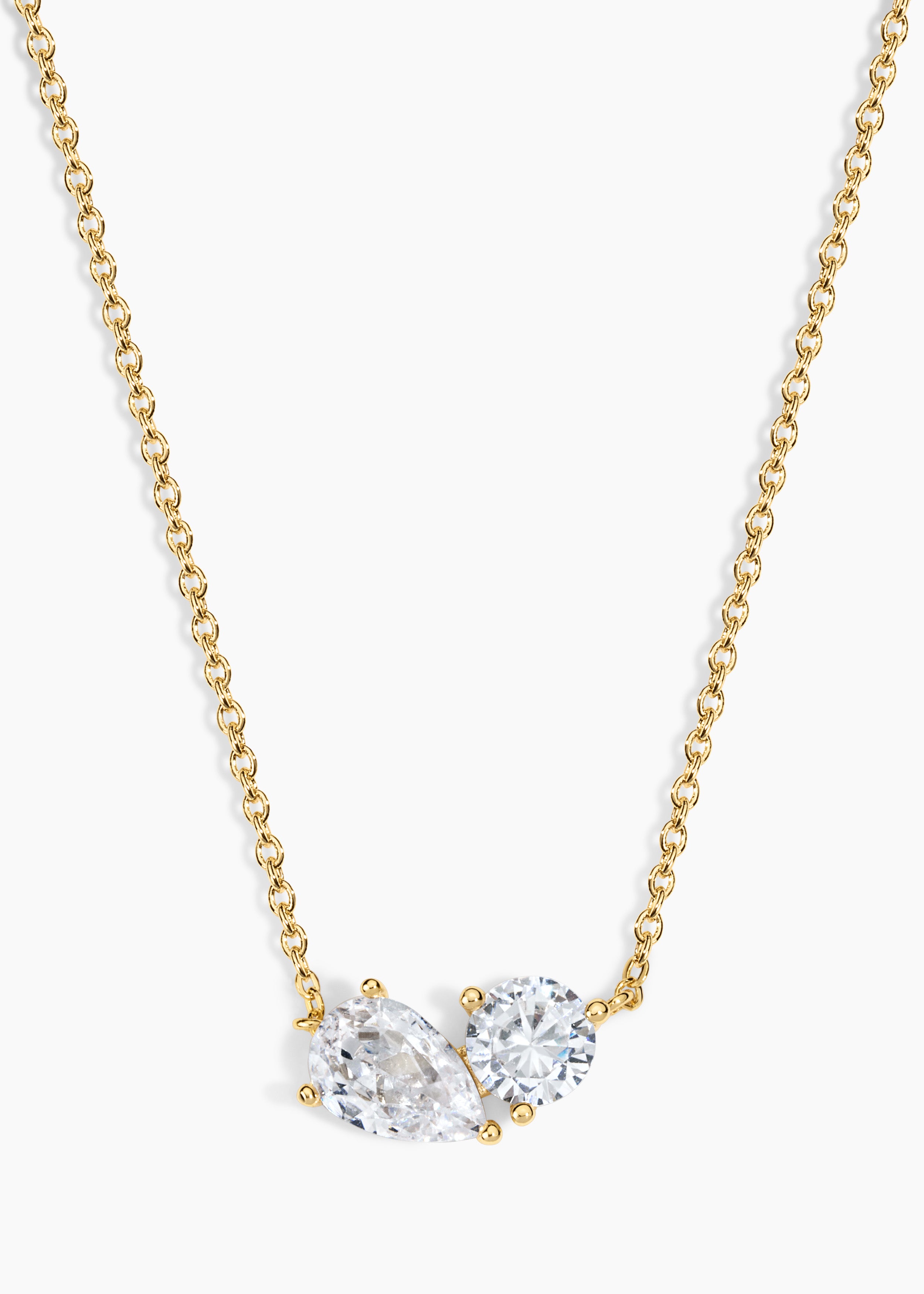 The Birthday Set, gold chain necklace with a round crystal and a pear crystal side by side