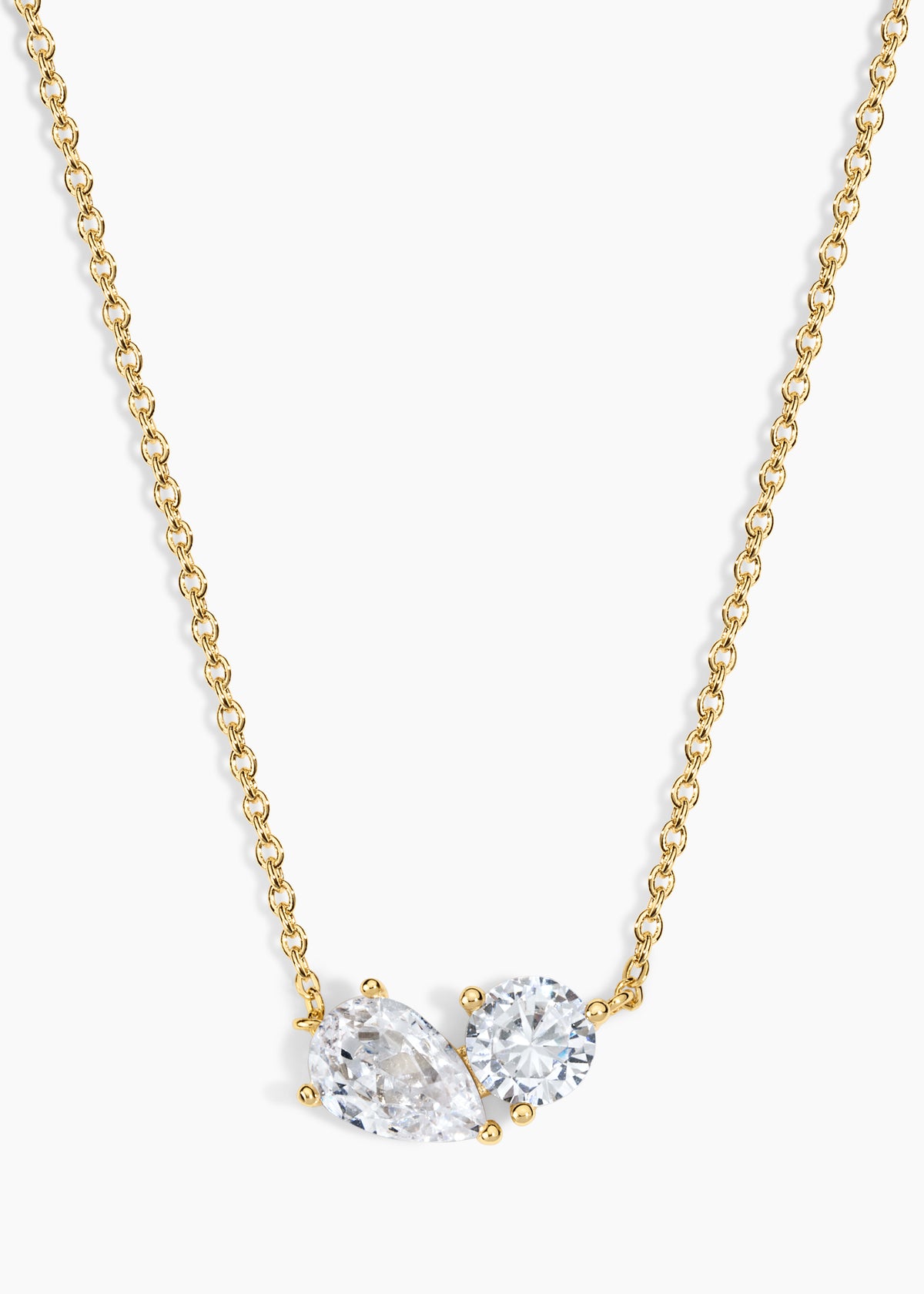 The Birthday Set, gold chain necklace with a round crystal and a pear crystal side by side