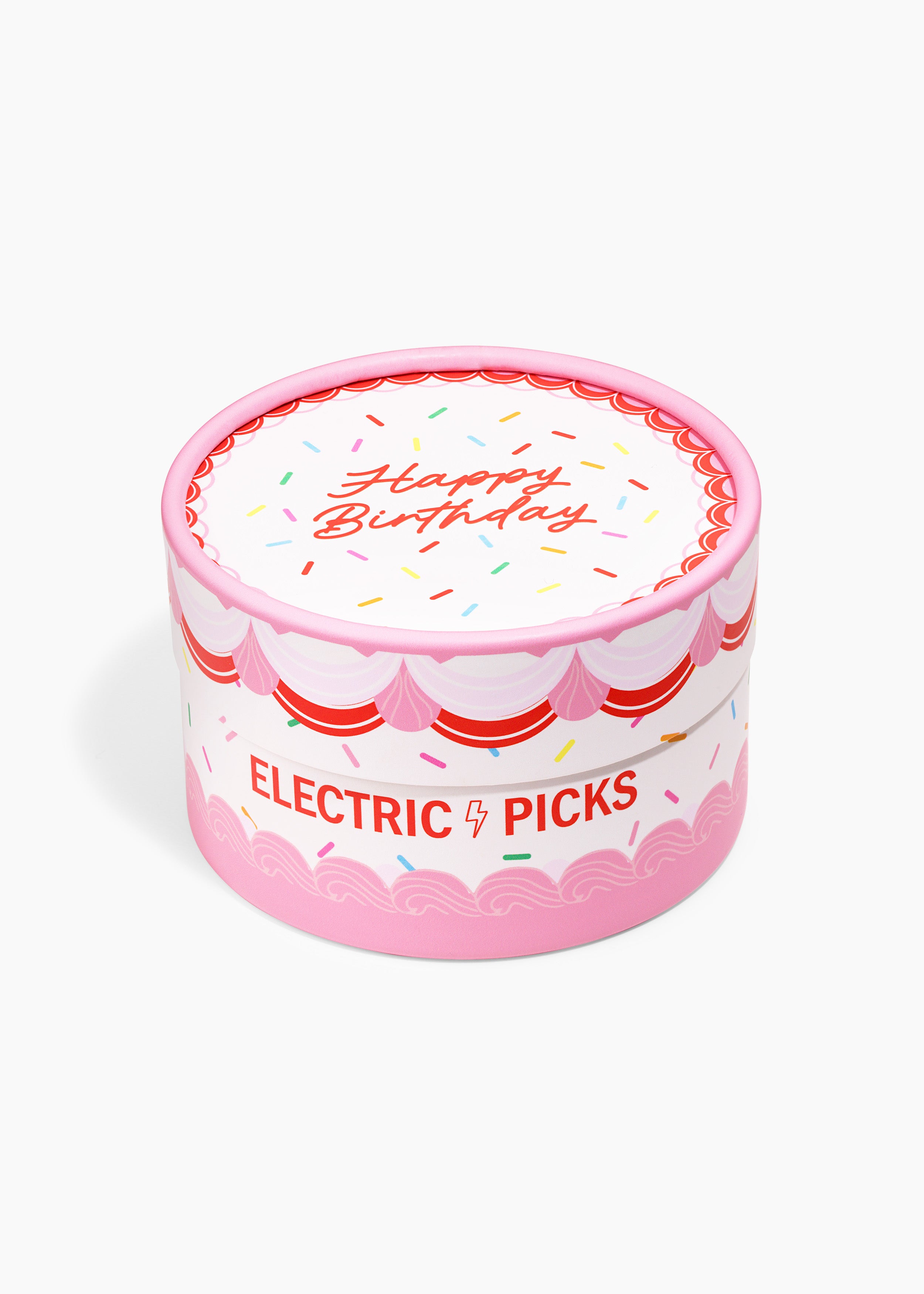 The Birthday Set, round pink cake-style gift box printed with Happy Birthday and Electric Picks