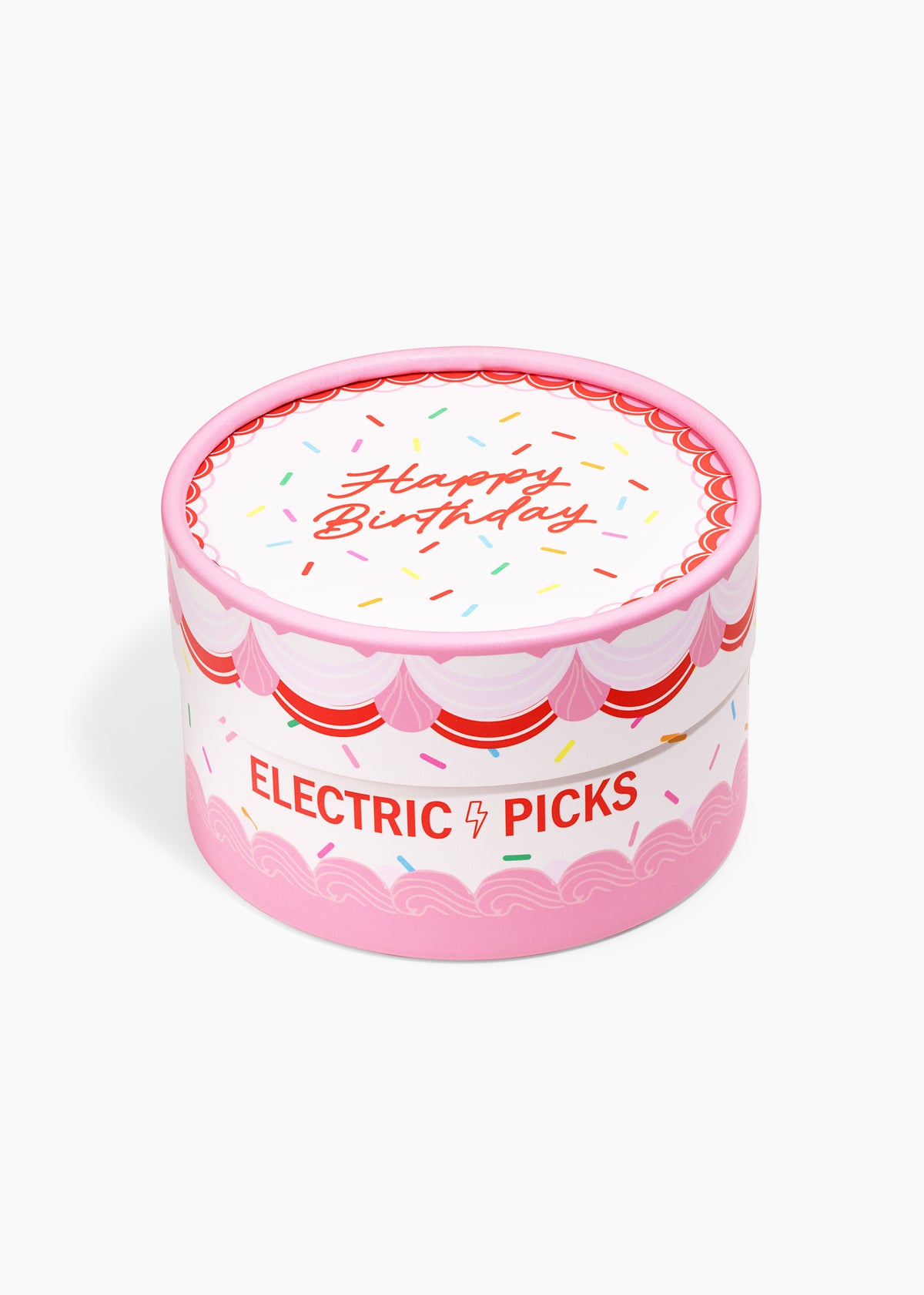 The Birthday Set, round pink cake-style gift box printed with Happy Birthday and Electric Picks