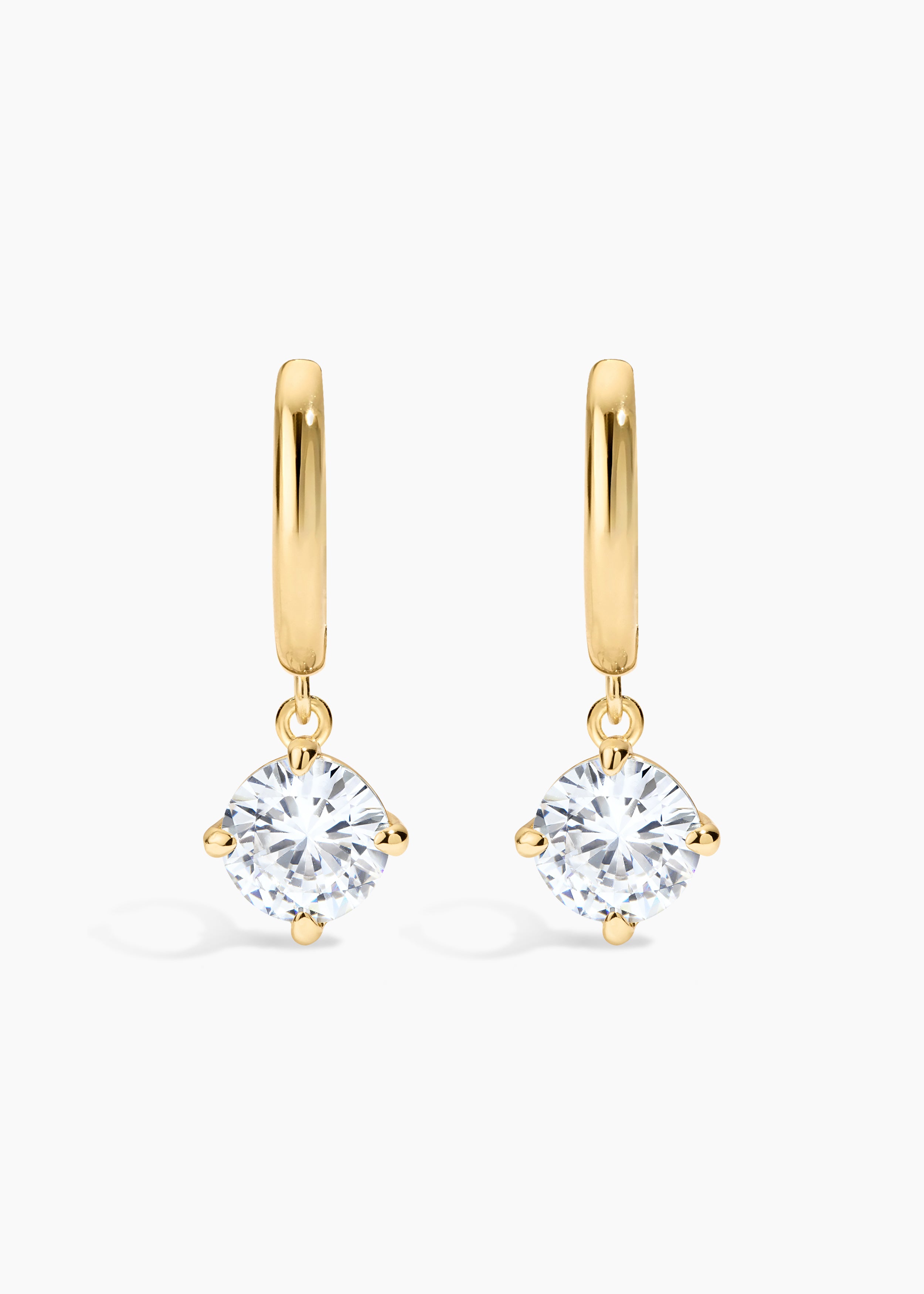 Monroe Hoops, gold huggie hoops with a round crystal drop, side view
