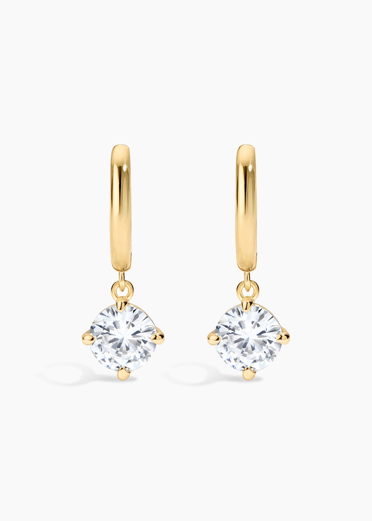 Monroe Hoops, gold huggie hoops with a round crystal drop, side view