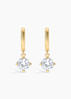 Monroe Hoops, gold huggie hoops with a round crystal drop, side view