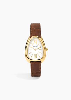 Everyday Watch, gold oval watch with a white dial, Roman numerals and a brown leather band