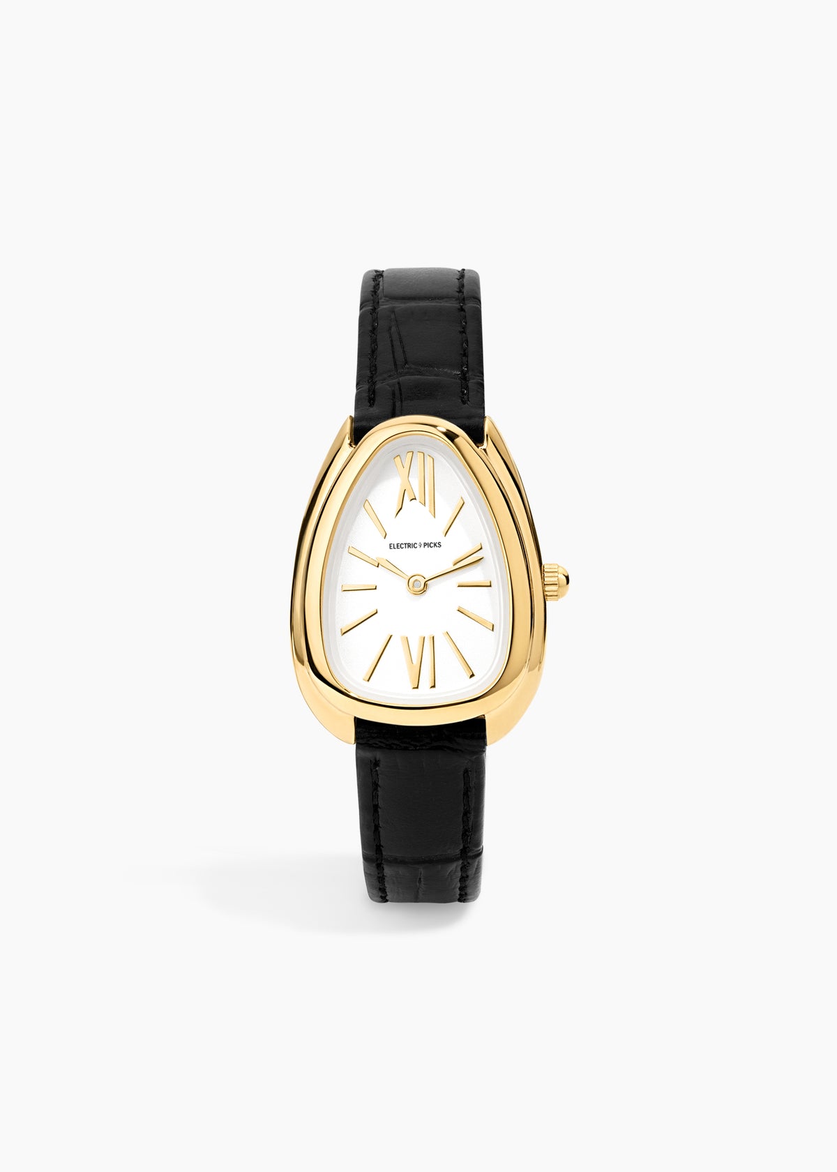 Everyday Watch, gold oval watch with a white dial, Roman numerals and a black leather band