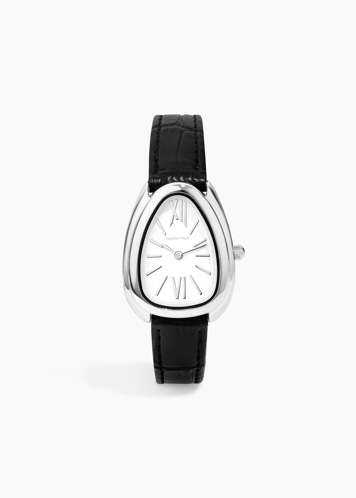 Everyday Watch, silver oval watch with a white dial, Roman numerals and a black leather band