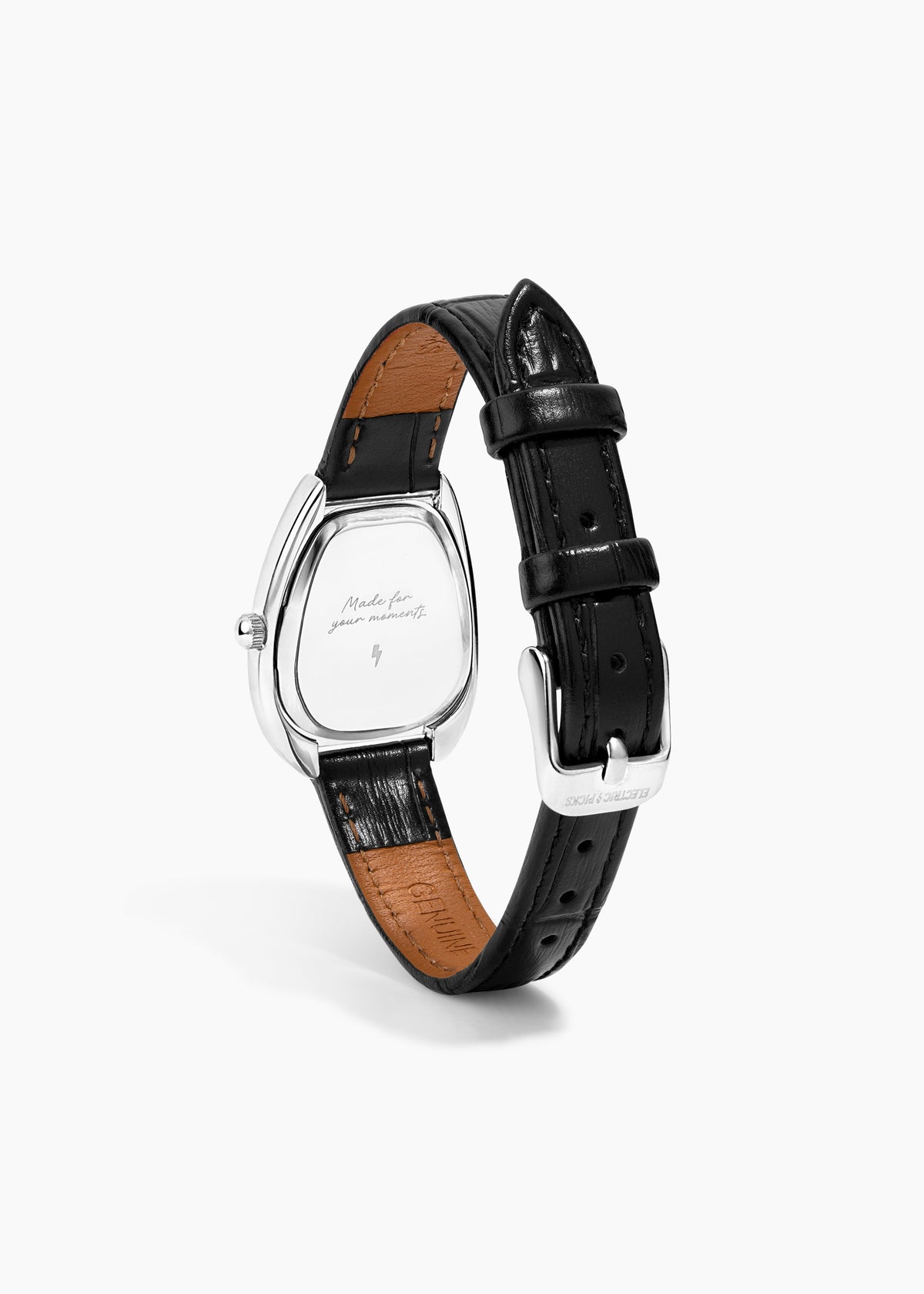 Everyday Watch, silver watch with a black leather band, back view showing the engraved caseback