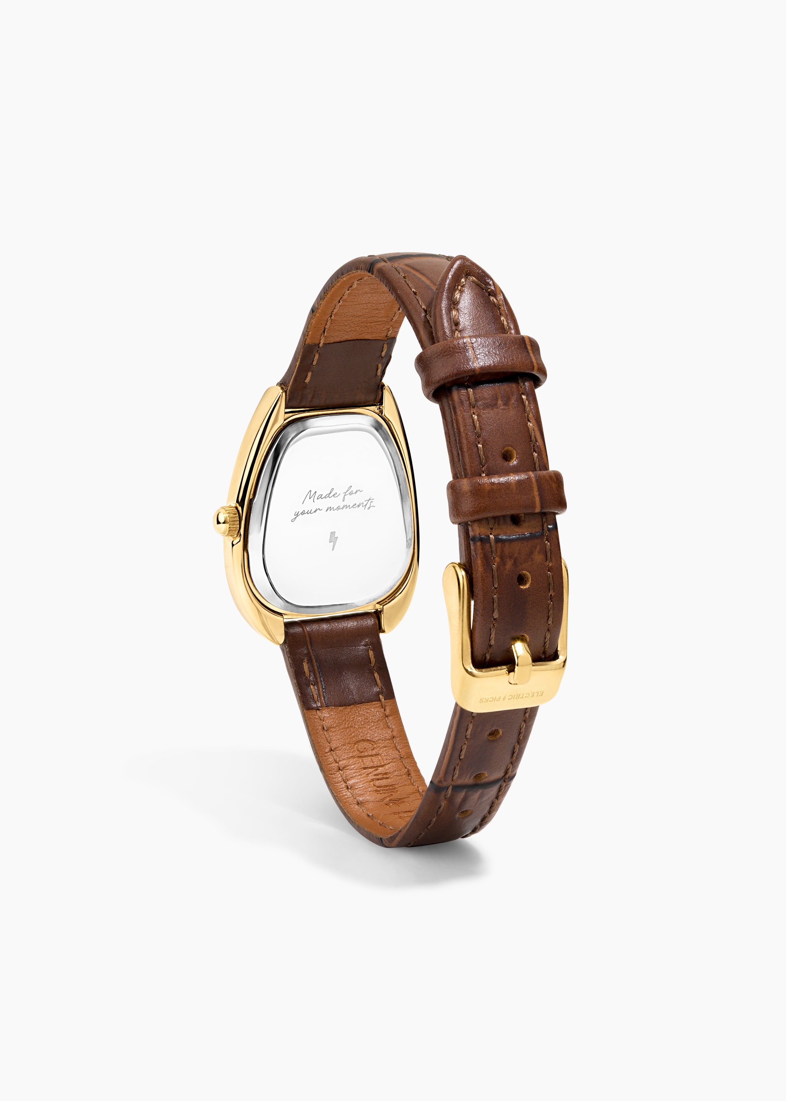 Everyday Watch, gold watch with a brown leather band, back view showing the engraved caseback
