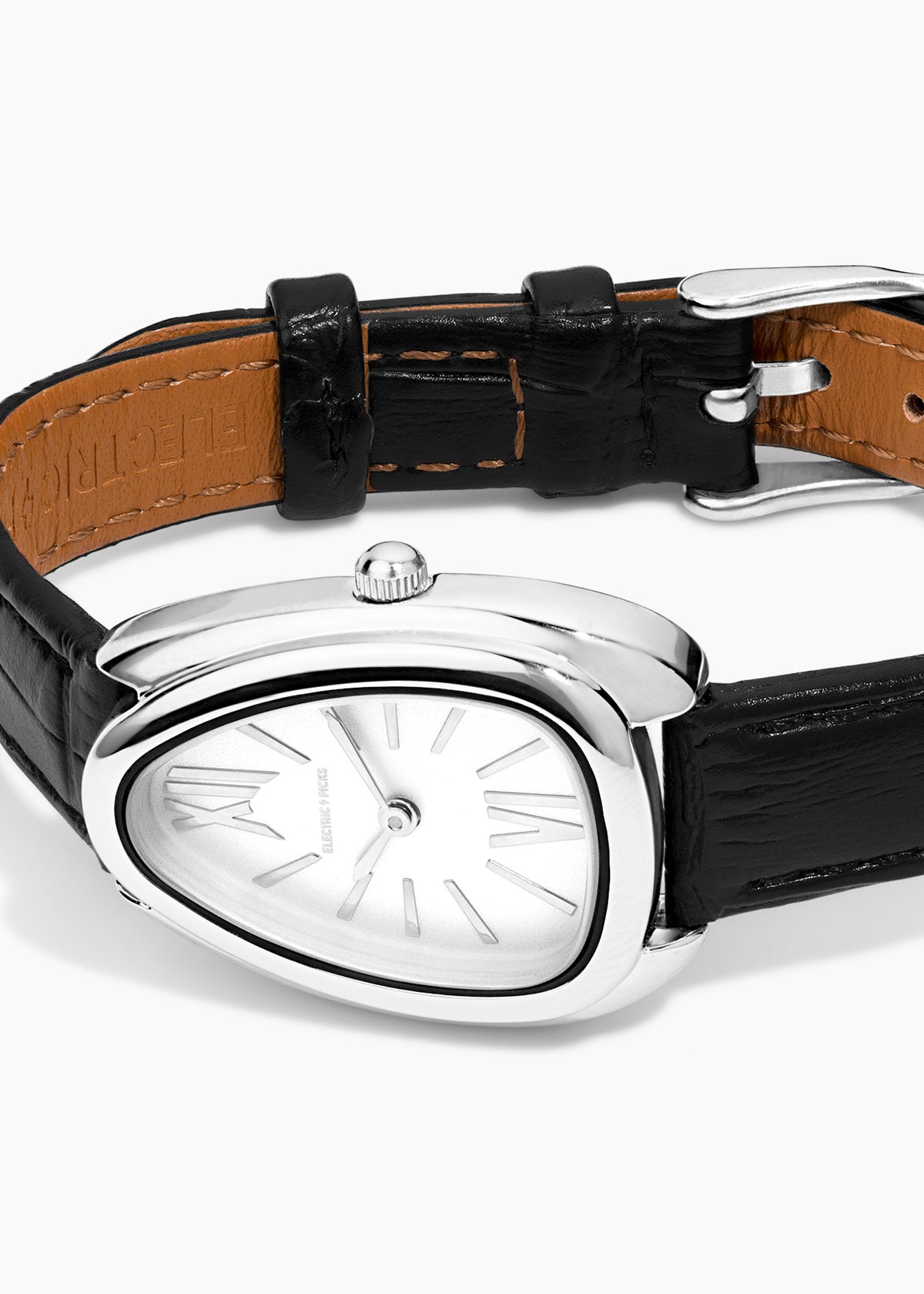 Everyday Watch, silver watch with a black leather band, close-up of the curved case and dial