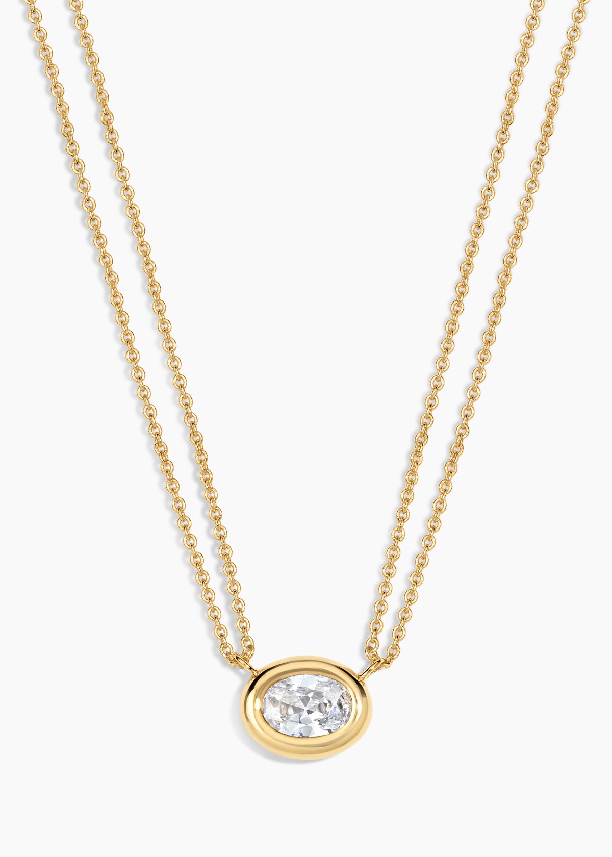 Aspen Necklace, gold double chain necklace with a bezel-set oval crystal