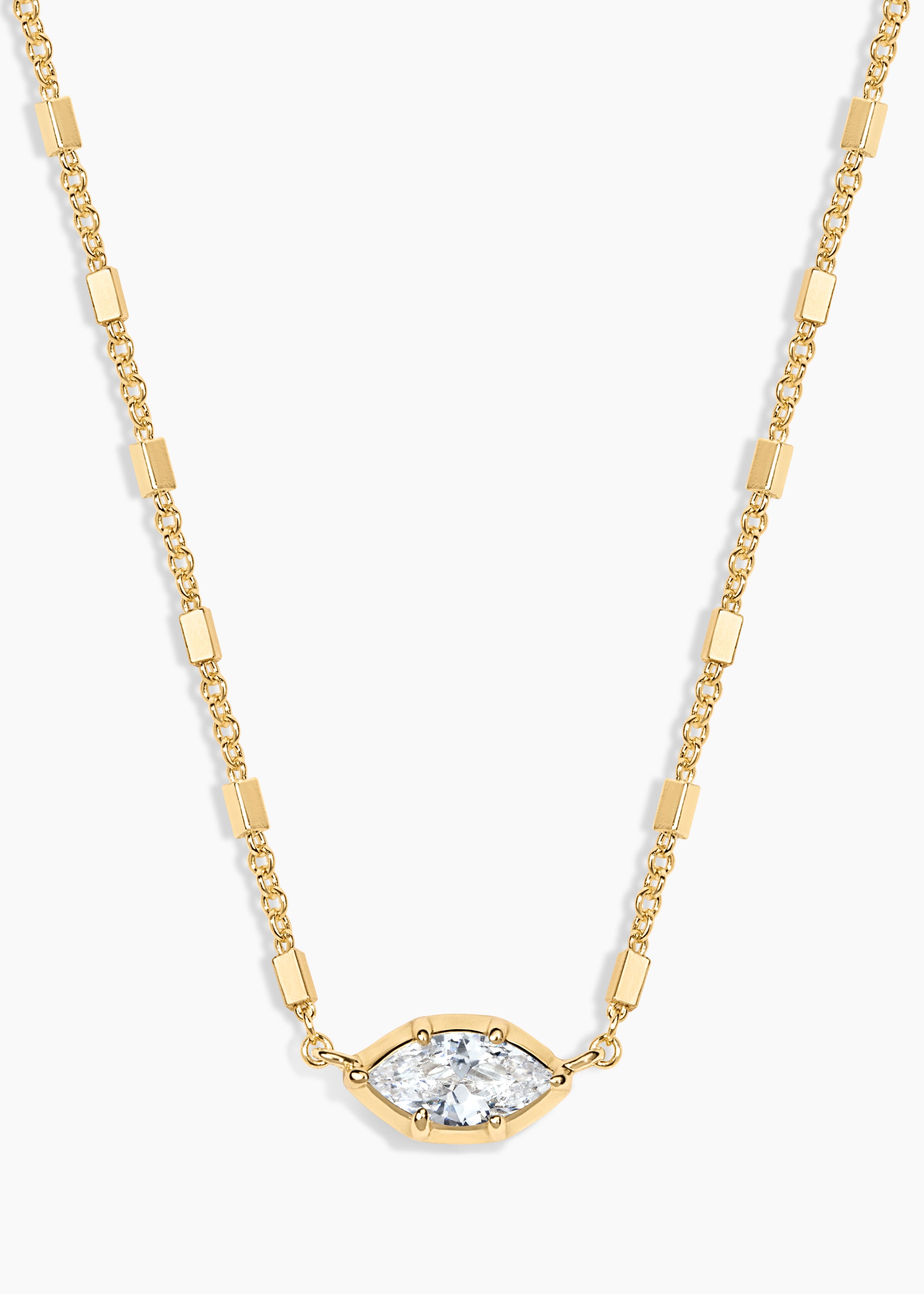 Cinema Necklace, gold bar station chain necklace with a sideways bezel-set marquise crystal