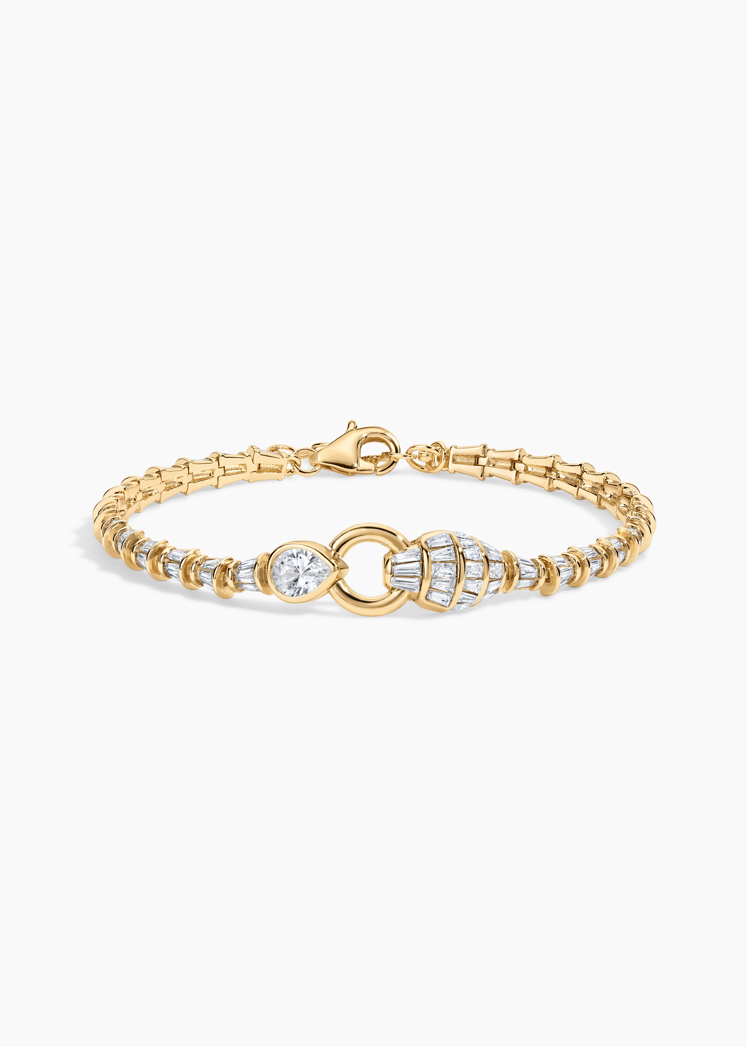 Cobra Bracelet, gold crystal chain bracelet with an oval link center and baguette crystals