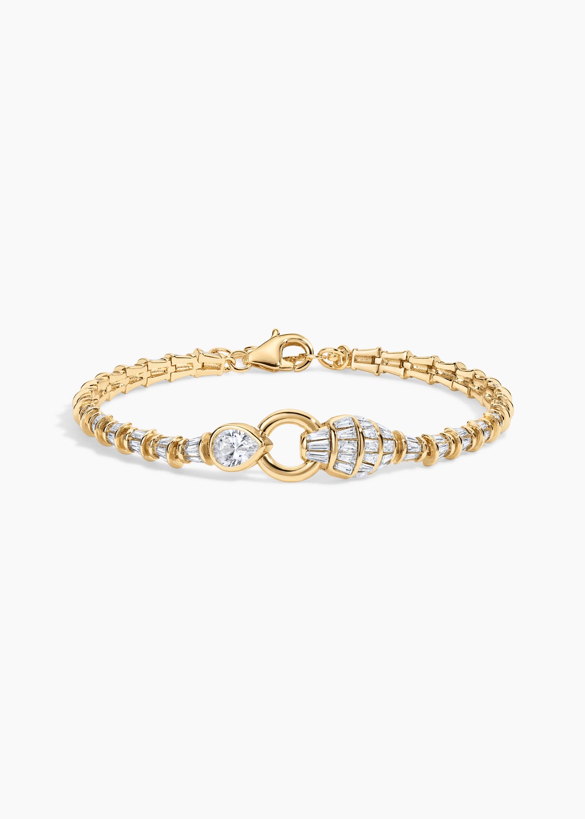 Cobra Bracelet, gold crystal chain bracelet with an oval link center and baguette crystals