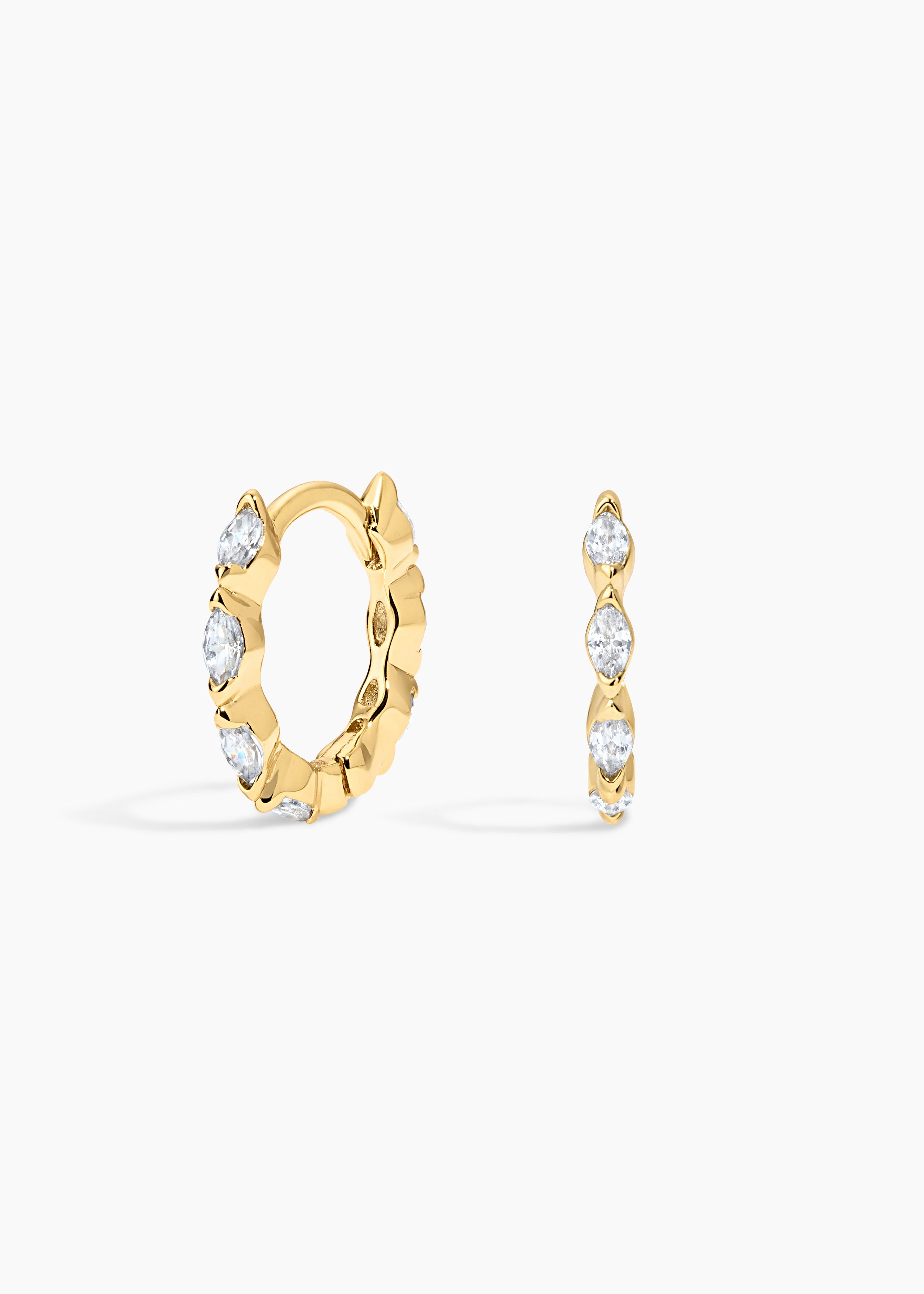 Colette Hoops, gold huggie hoops set with marquise crystals