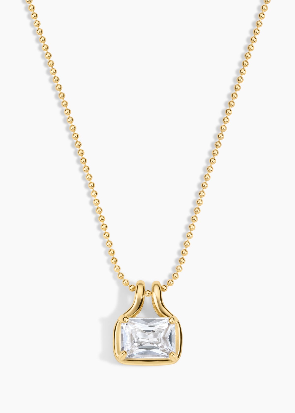 Dawson Necklace, gold chain necklace with a bezel-set emerald-cut crystal pendant