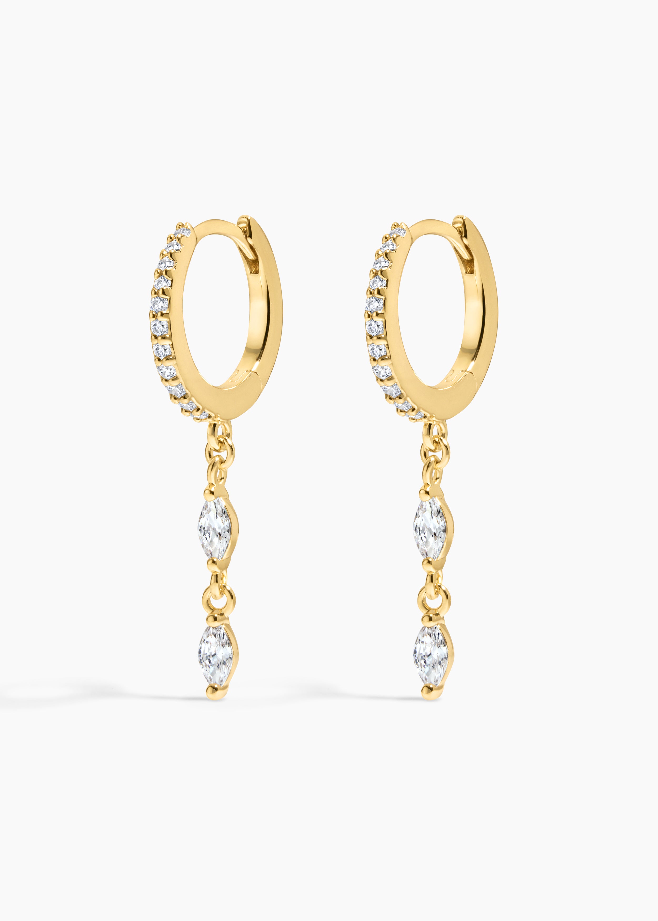 Gold Dust Earrings, gold crystal huggies with a dangling chain of marquise crystals