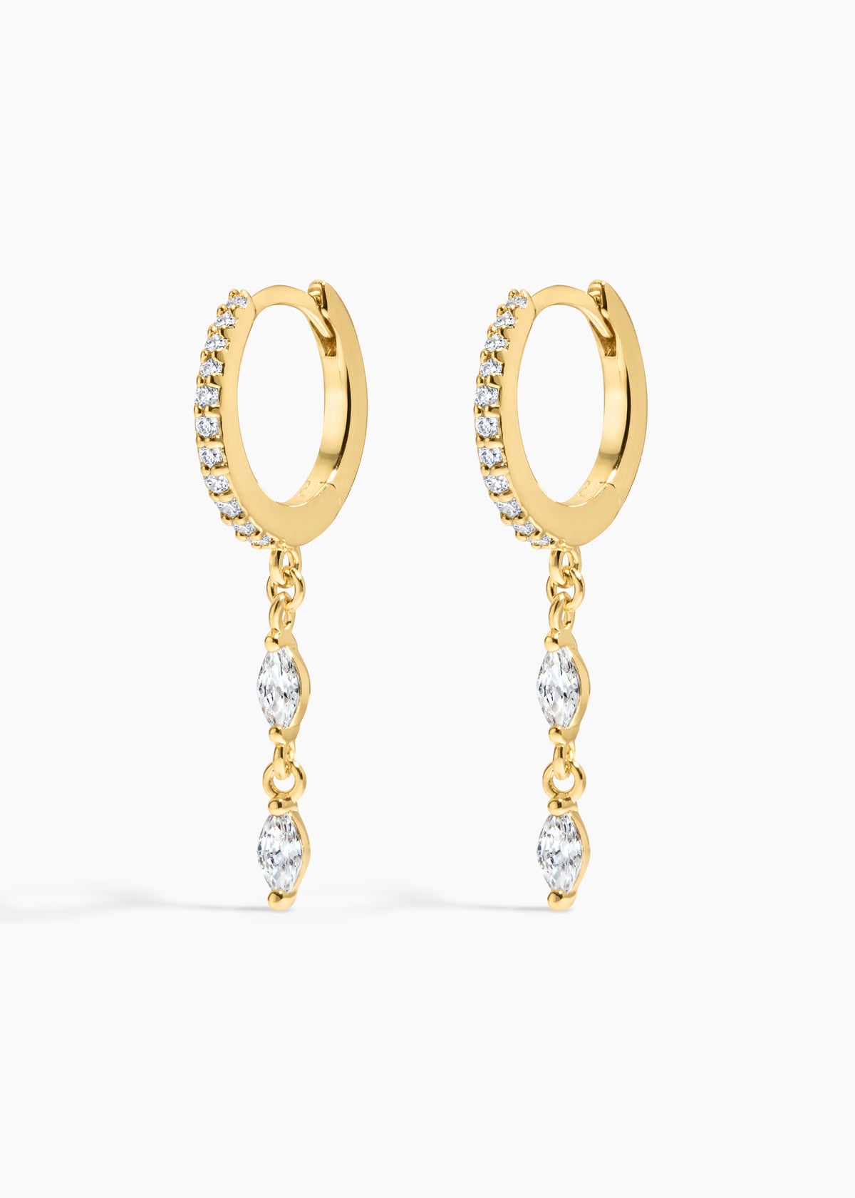 Gold Dust Earrings, gold crystal huggies with a dangling chain of marquise crystals