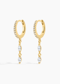 Gold Dust Earrings, gold crystal huggies with a dangling chain of marquise crystals