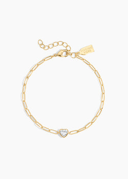 Heart You Bracelet, gold paperclip chain bracelet with a small heart crystal