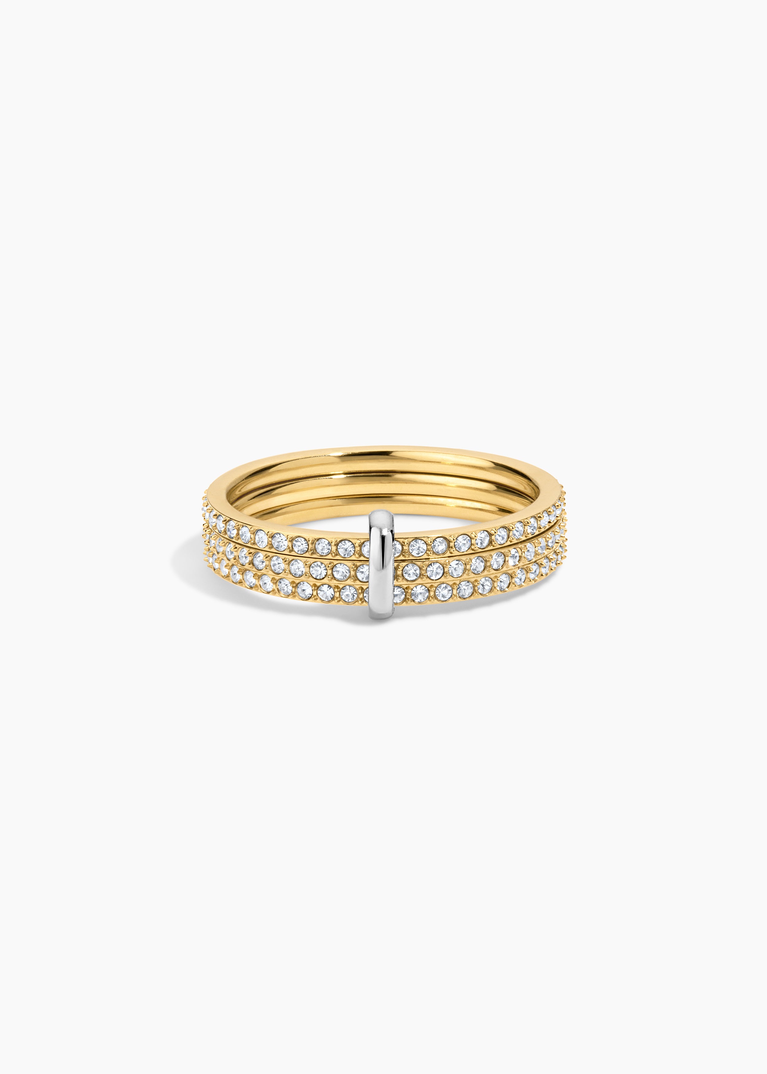 Monte Carlo Ring, gold triple pave crystal band with a silver bar accent