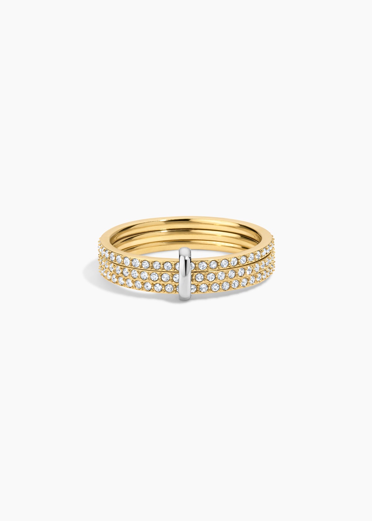 Monte Carlo Ring, gold triple pave crystal band with a silver bar accent