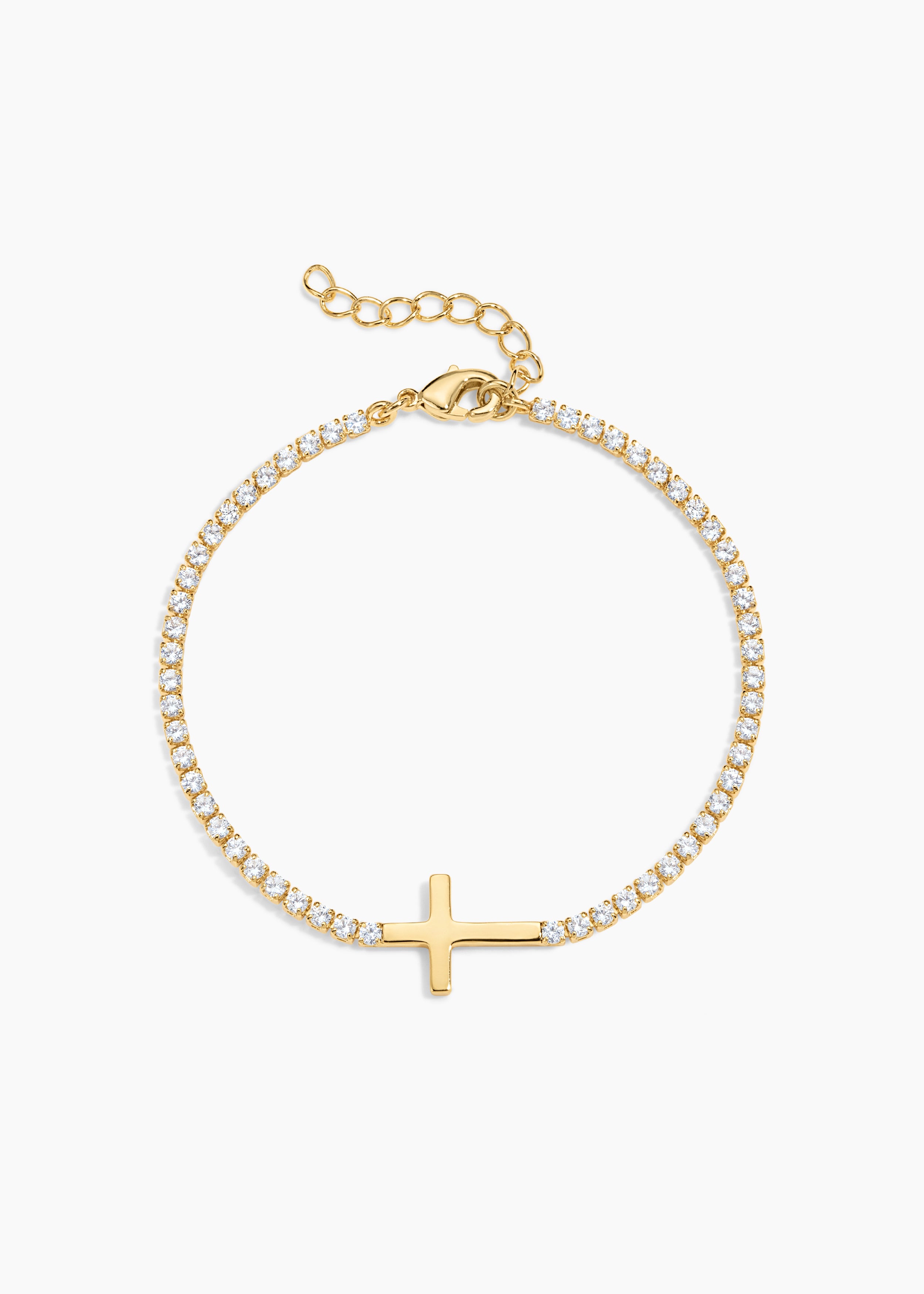 Roman Bracelet, gold crystal tennis bracelet with a sideways gold cross