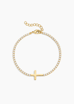 Roman Bracelet, gold crystal tennis bracelet with a sideways gold cross