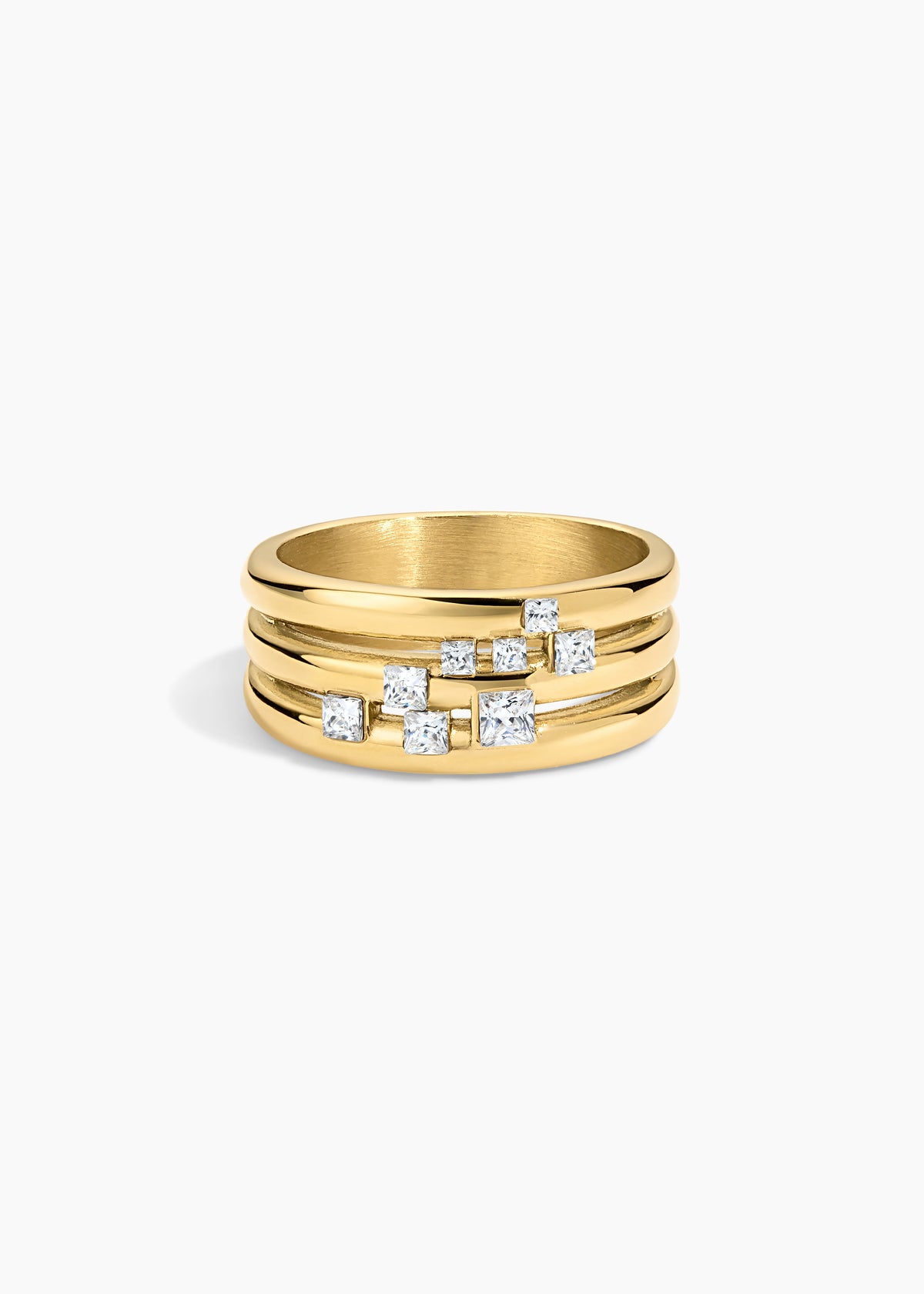 Supernova Ring, wide gold multi-band ring with scattered crystals