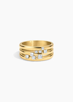 Supernova Ring, wide gold multi-band ring with scattered crystals