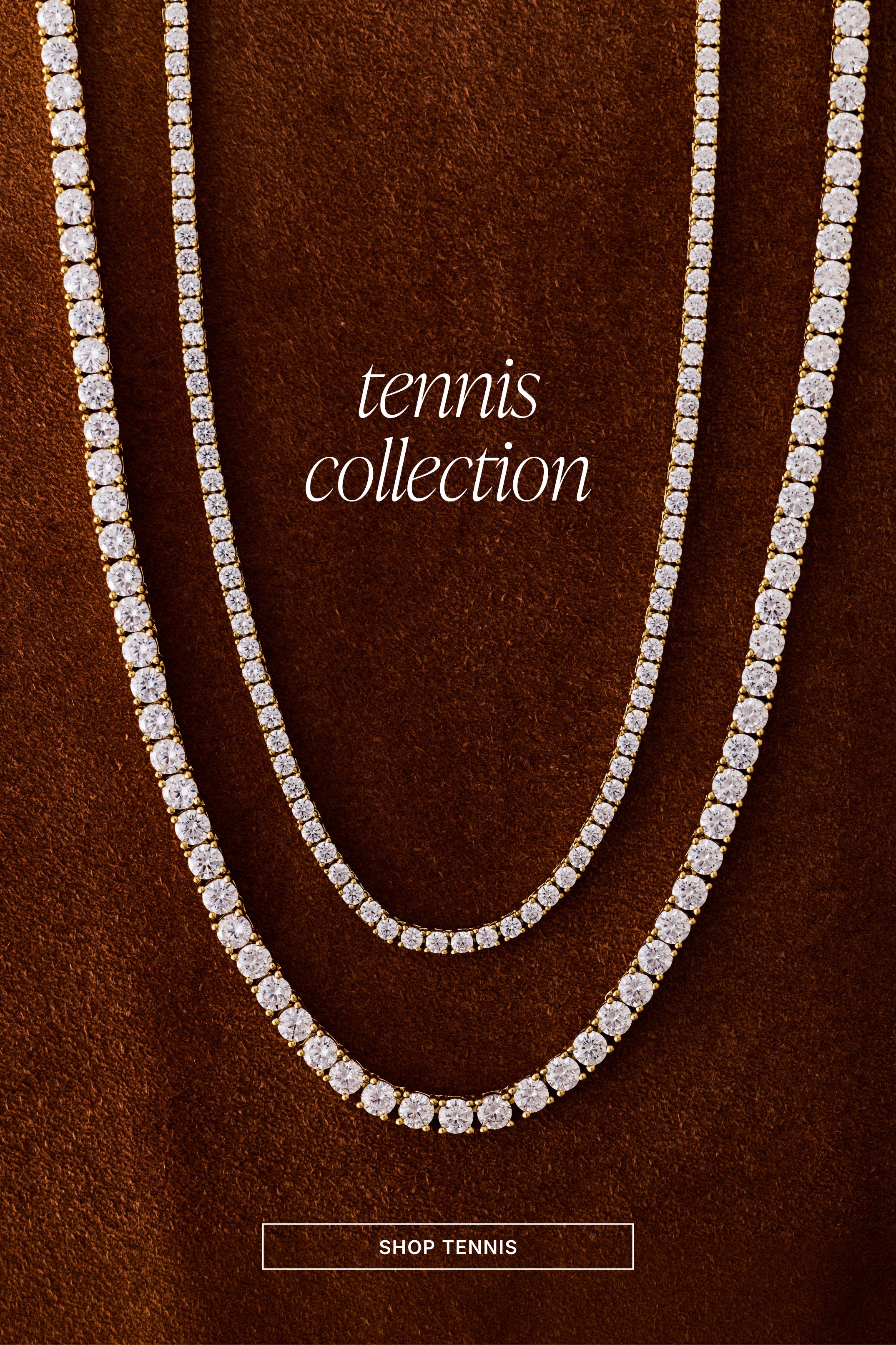 Tennis collection, Shop tennis. Two gold crystal tennis necklaces on brown suede