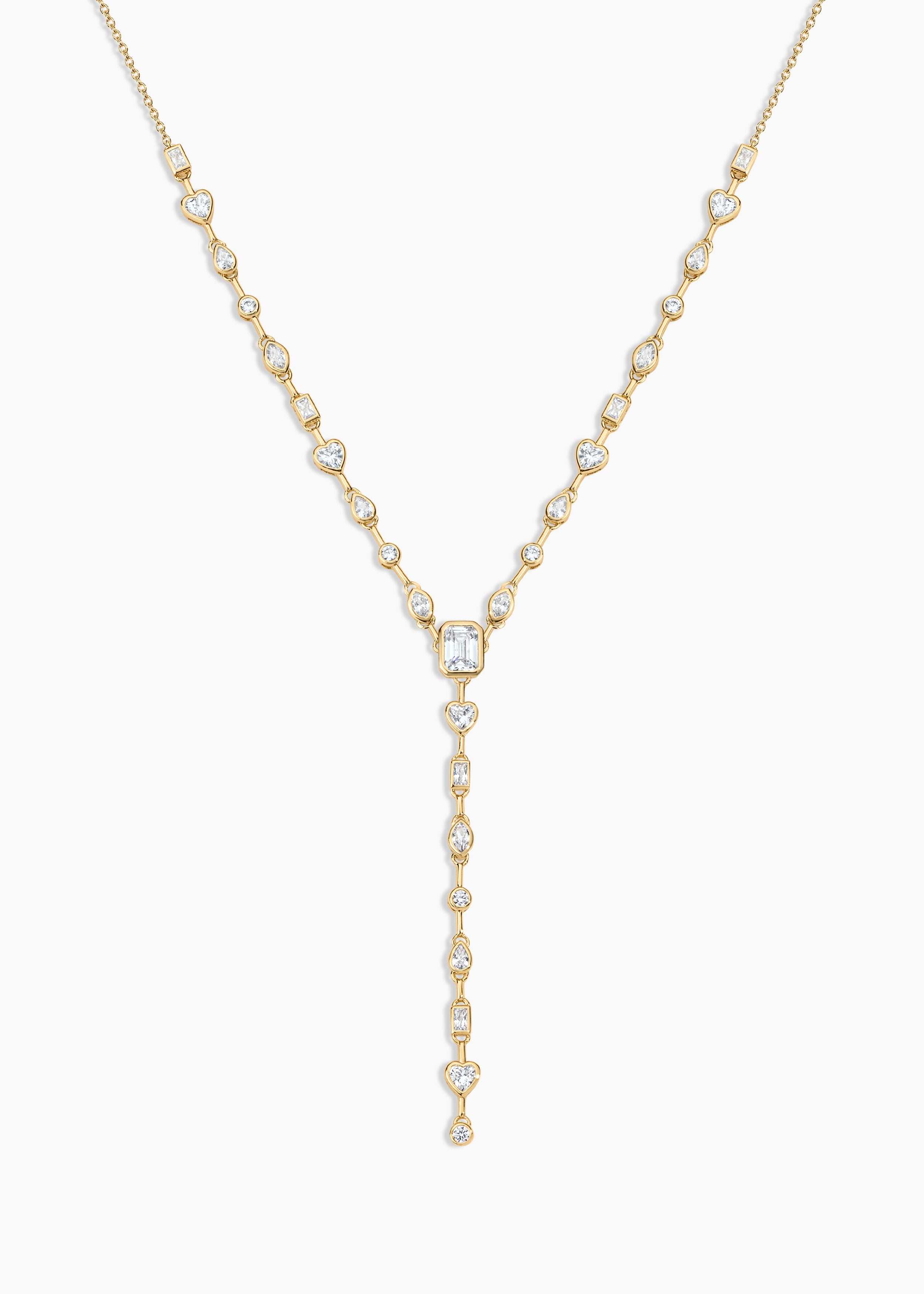 Tinseltown Necklace, gold Y necklace with crystal stations and a crystal drop