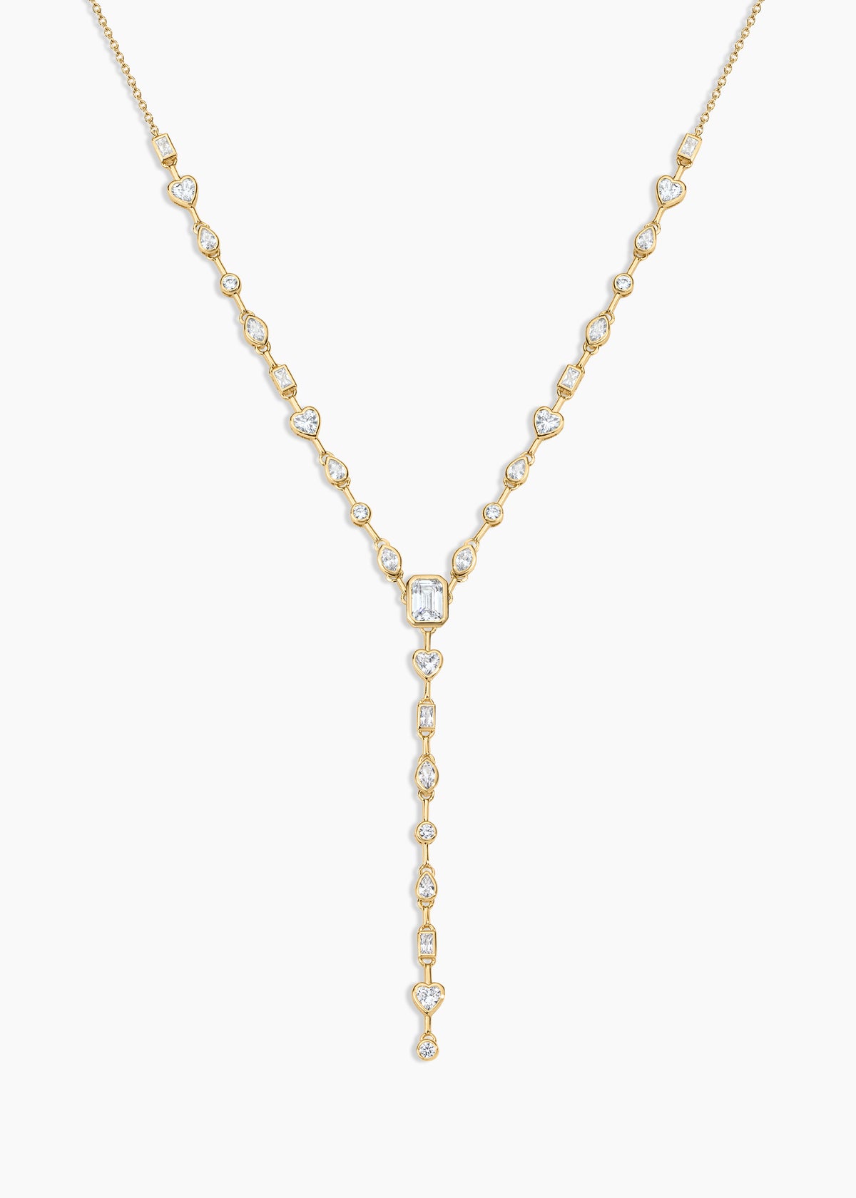 Tinseltown Necklace, gold Y necklace with crystal stations and a crystal drop