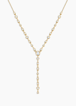 Tinseltown Necklace, gold Y necklace with crystal stations and a crystal drop